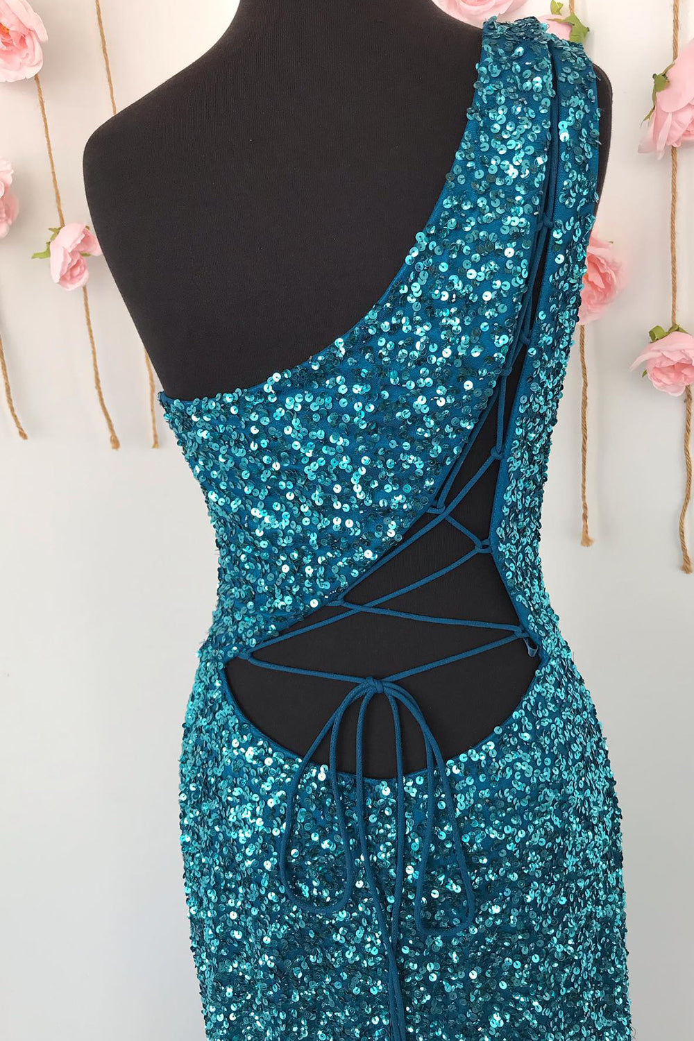 Sheath One Shoulder Ivory Prom Dress Sequined Long Evening Dress with Split Front