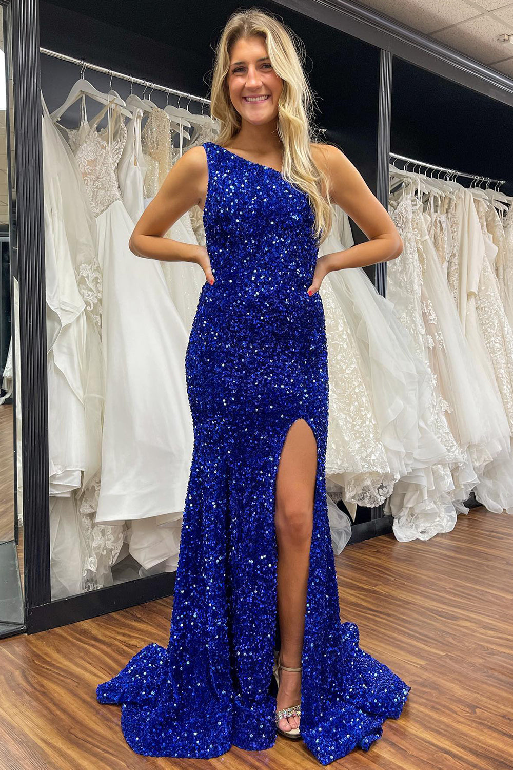 Sheath One Shoulder Ivory Prom Dress Sequined Long Evening Dress with Split Front