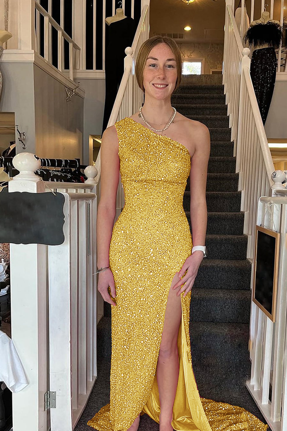 Sheath One Shoulder Ivory Prom Dress Sequined Long Evening Dress with Split Front