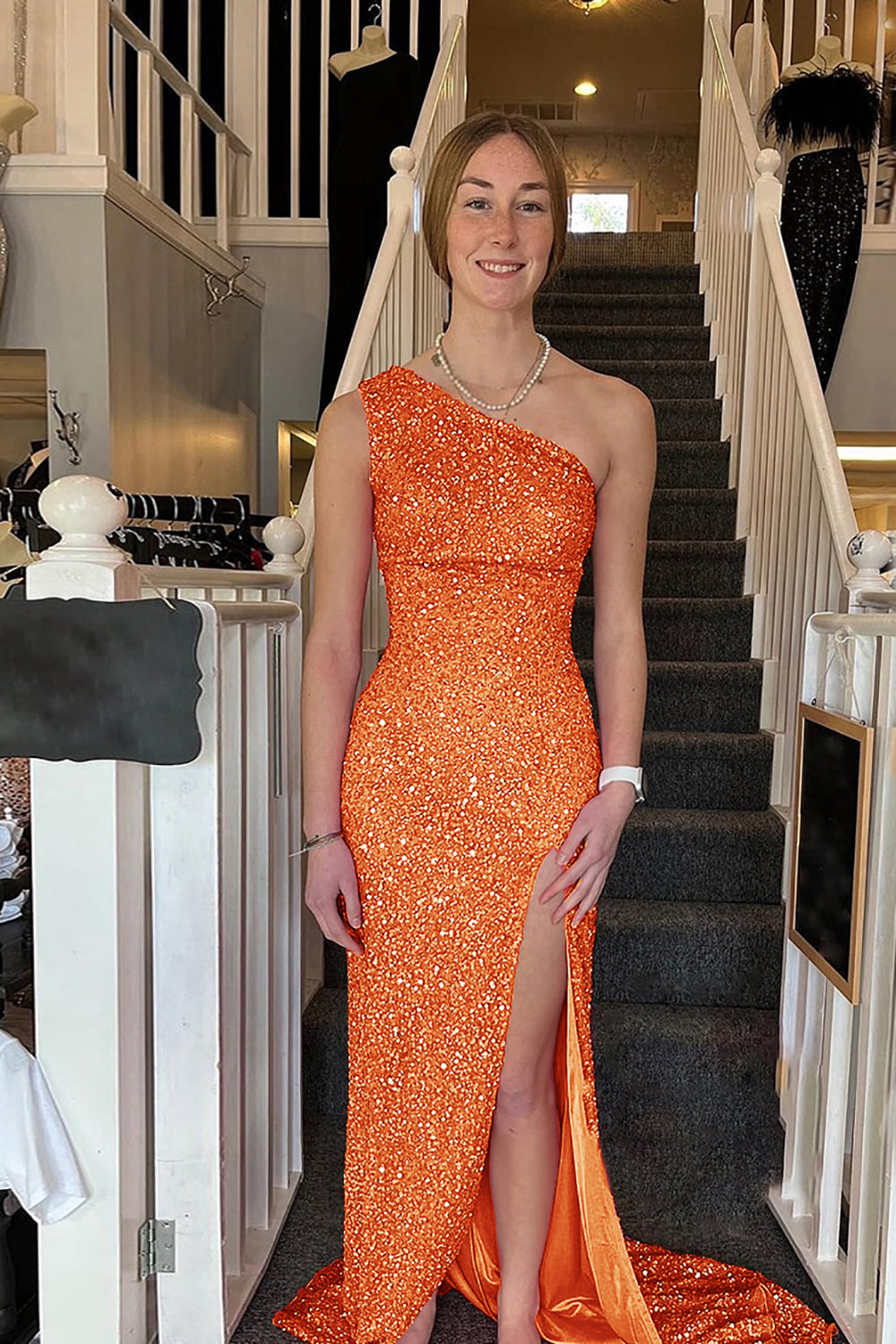 Sheath One Shoulder Ivory Prom Dress Sequined Long Evening Dress with Split Front