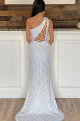 Sheath One Shoulder Ivory Prom Dress Sequined Long Evening Dress with Split Front