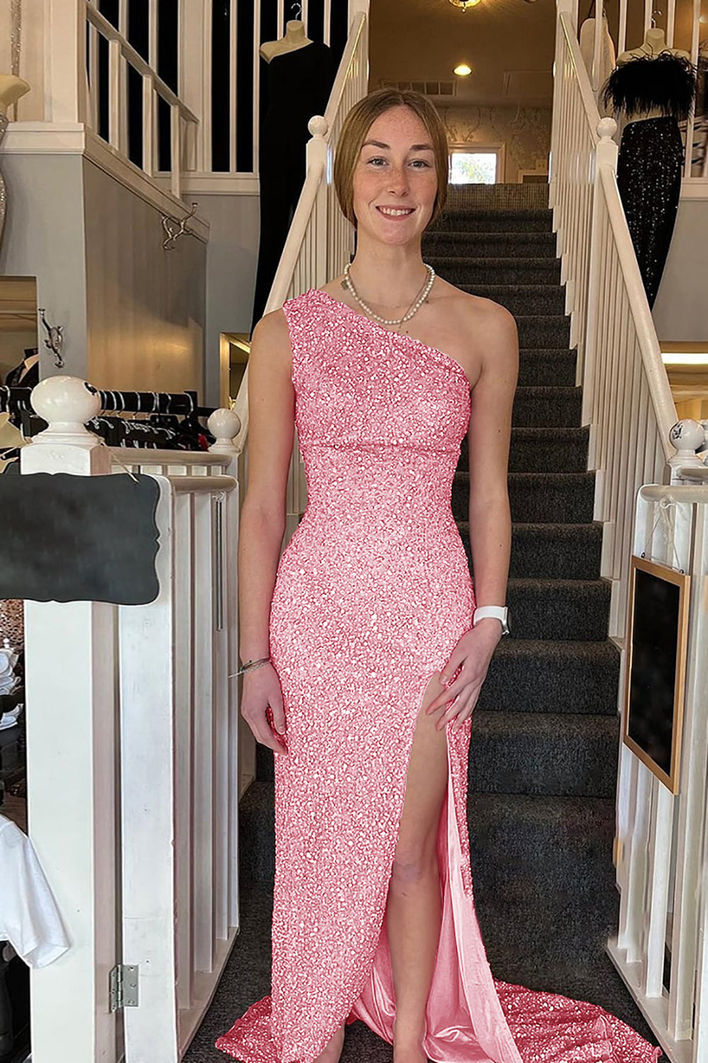 Sheath One Shoulder Ivory Prom Dress Sequined Long Evening Dress with Split Front