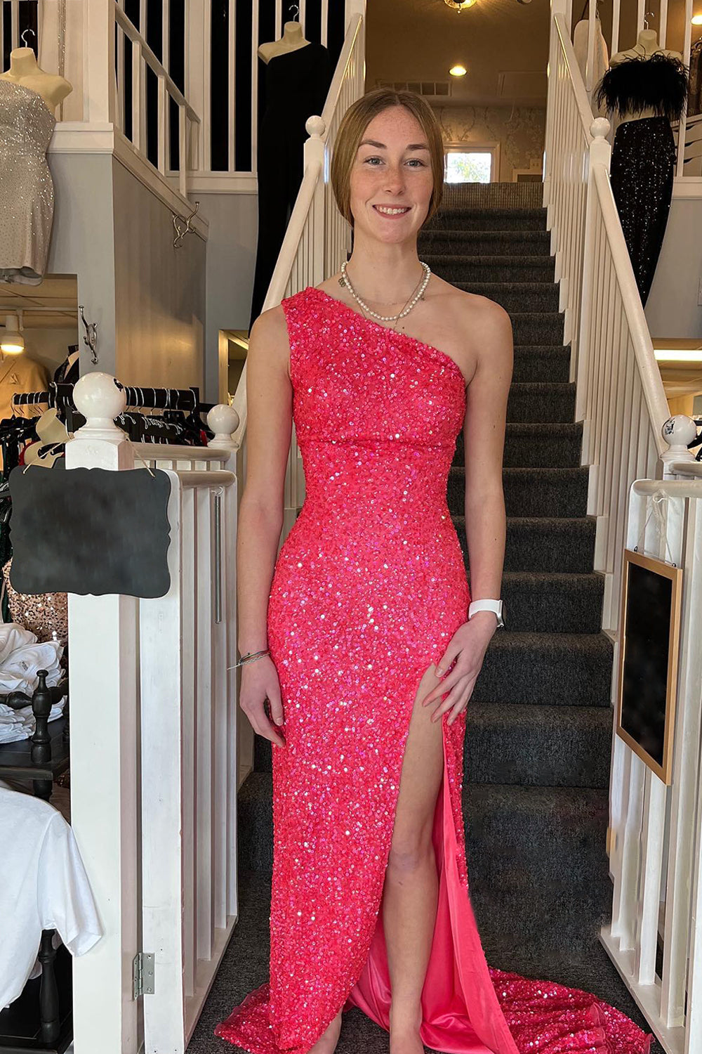 Sheath One Shoulder Ivory Prom Dress Sequined Long Evening Dress with Split Front