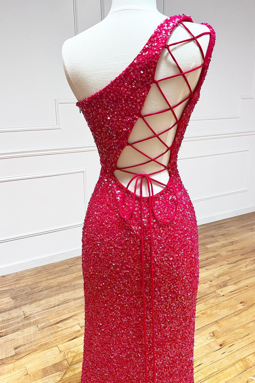 Sheath One Shoulder Ivory Prom Dress Sequined Long Evening Dress with Split Front