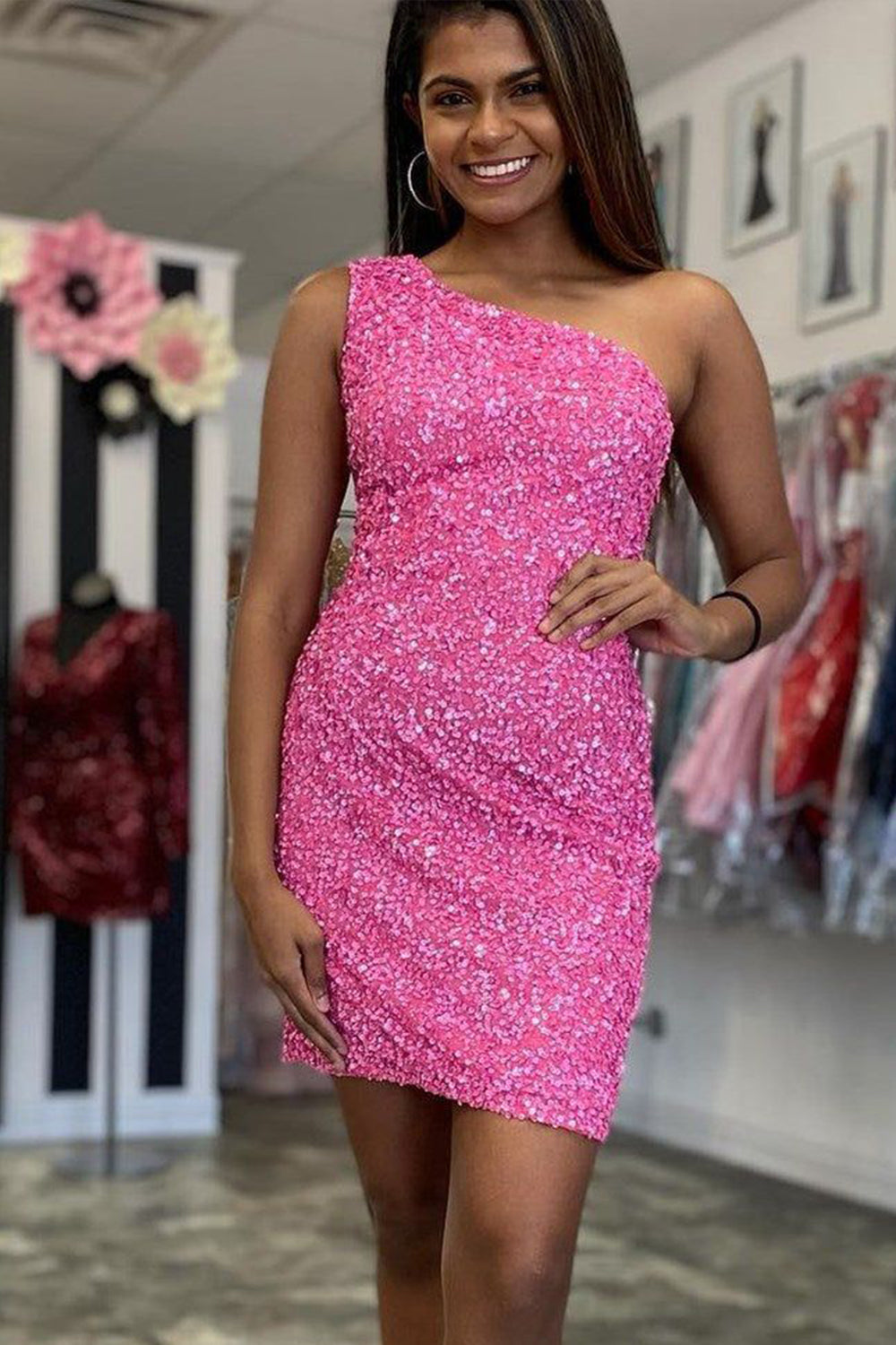 Sheath One Shoulder Royal Blue Homecoming Dress Sequin Short Cocktail Dresses