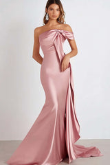 Sheath Pink Wedding Guest Dress Cold Shoulder Long Formal Dress