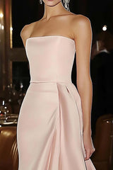 Sheath Pink Wedding Guest Dress Strapless Satin Ruffled Gala Dress