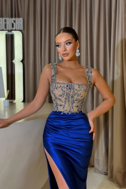 Sheath Royal Blue Square Neck Satin Formal Dress with Slit