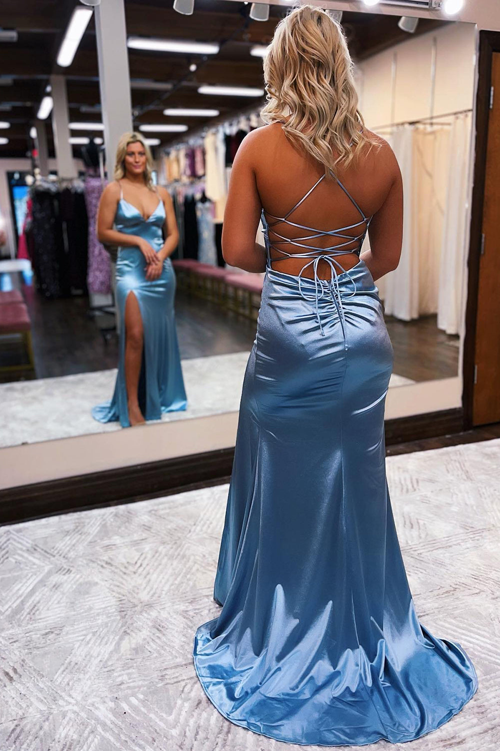Sheath Spaghetti Straps Blue Prom Dress Long Evening Dress with Silt