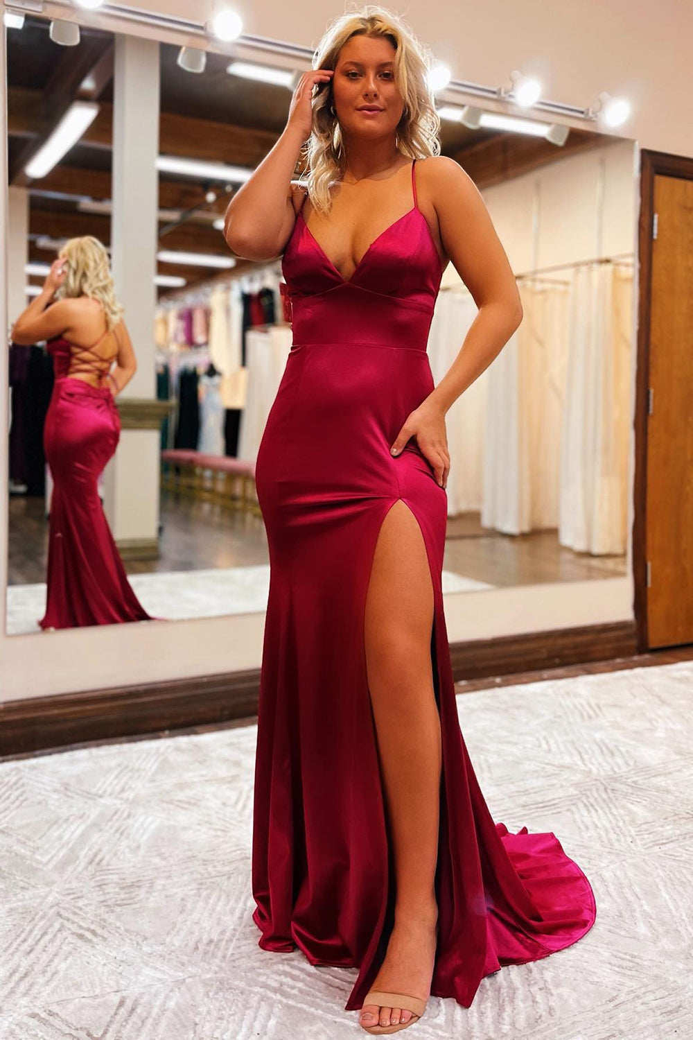 Sheath Spaghetti Straps Blue Prom Dress Long Evening Dress with Silt