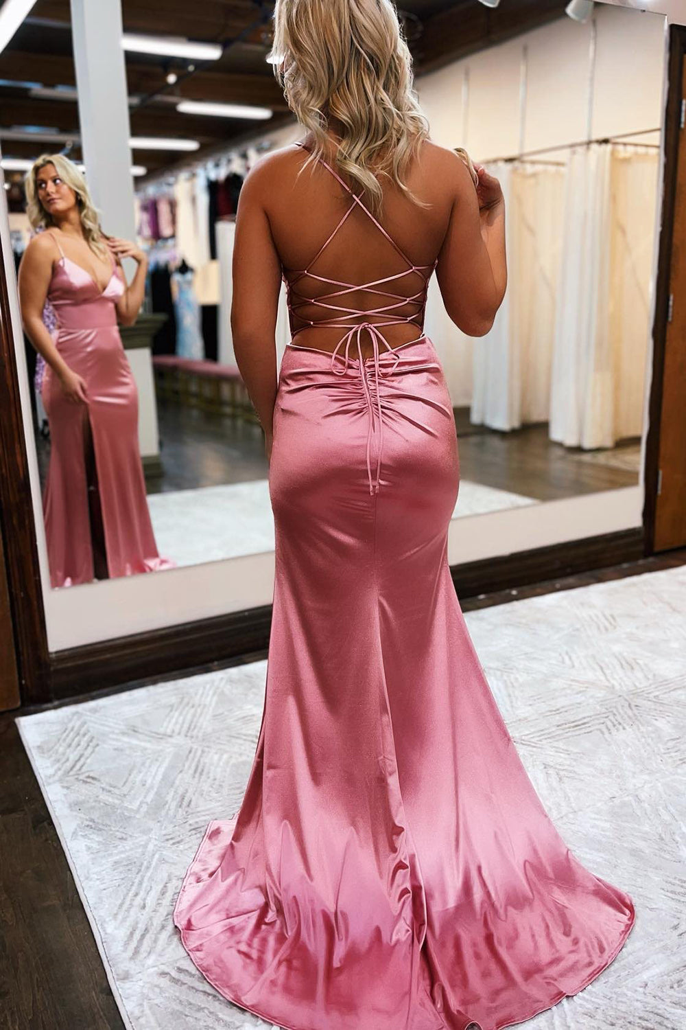 Sheath Spaghetti Straps Blue Prom Dress Long Evening Dress with Silt