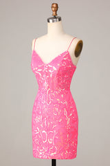 Sheath Spaghetti Straps Fuchsia Homecoming Dress Sequin Prom Dress