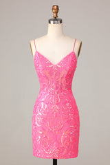 Sheath Spaghetti Straps Fuchsia Homecoming Dress Sequin Prom Dress