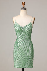 Sheath Spaghetti Straps Green Homecoming Dress Sequin Short Prom Dress with Criss Cross Back