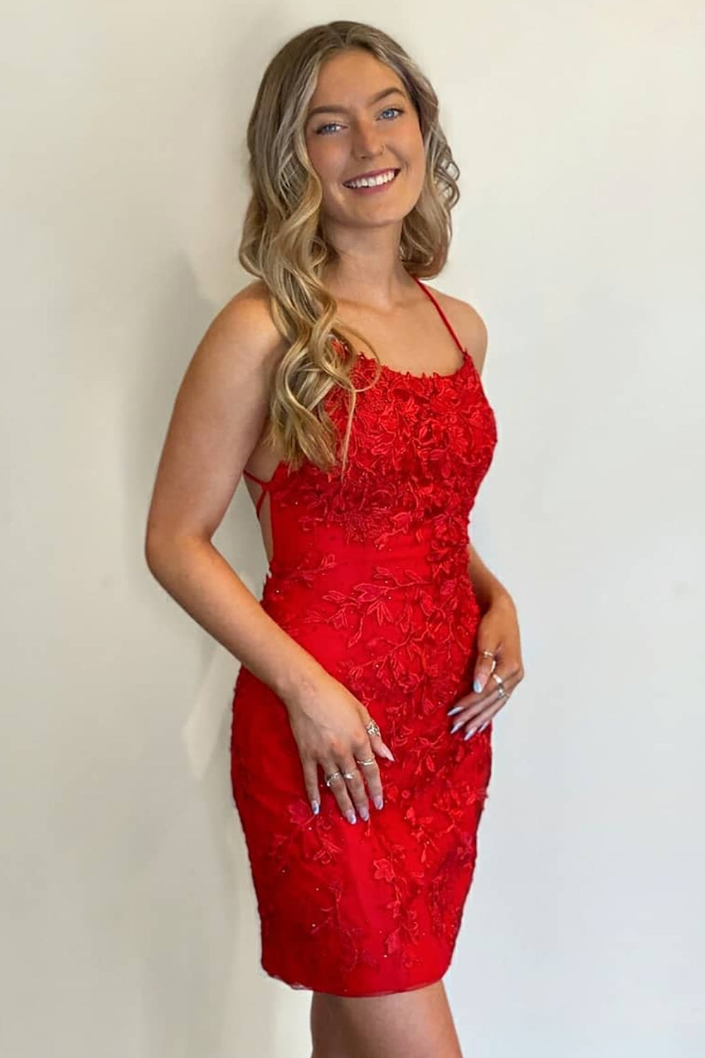 Sheath Spaghetti Straps Red Homecoming Dress Short Prom Dress with Appliques