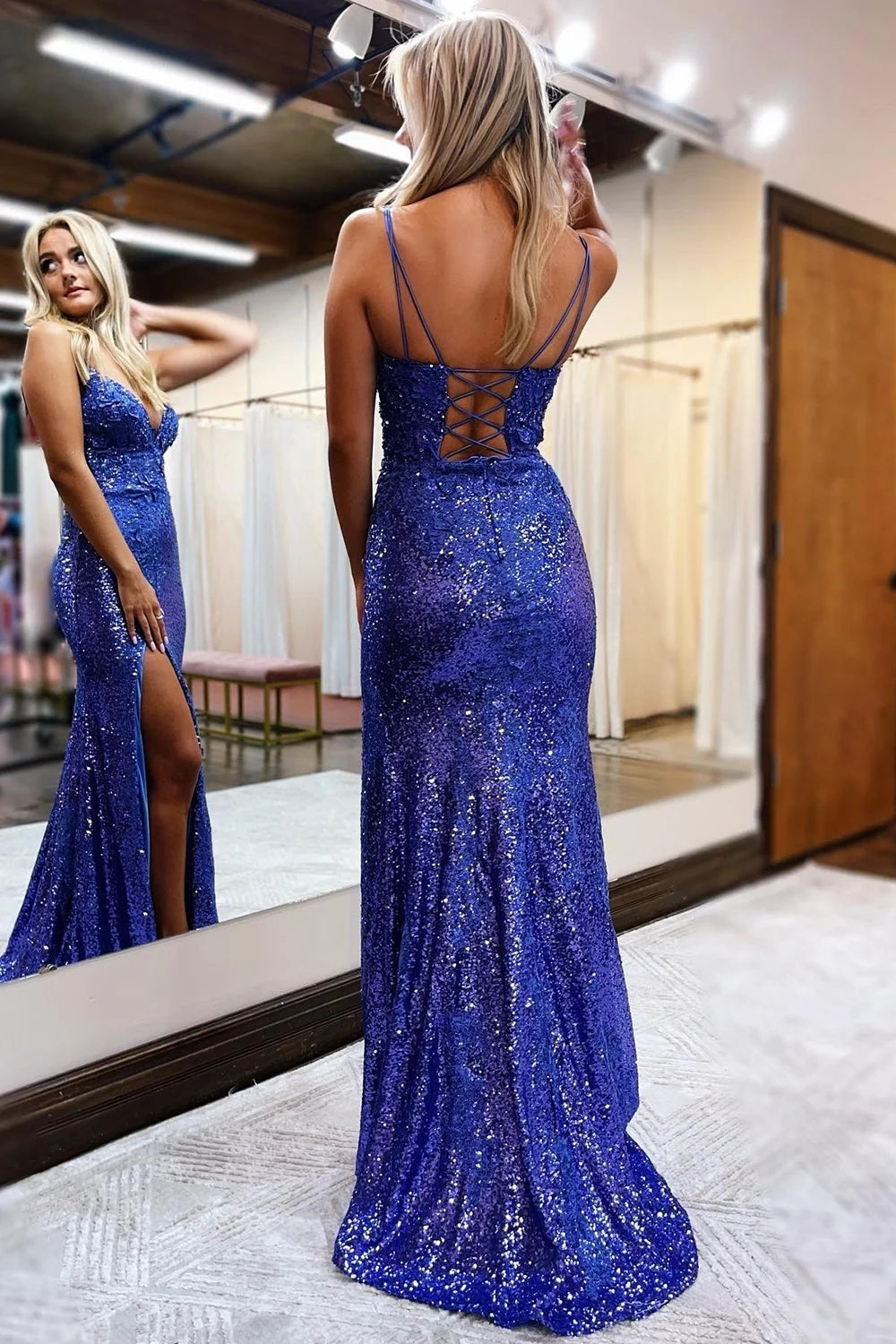 Sheath Spaghetti Straps Royal Blue Prom Dress Sequined Long Evening Dress with Silt
