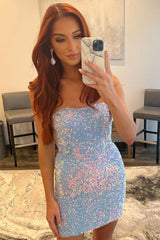 Sheath Sweetheart Light Blue Homecoming Dress Sequin Short Prom Dress