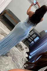 Sheath Sweetheart Light Blue Prom Dress Sequined Long Evening Dress with Feather