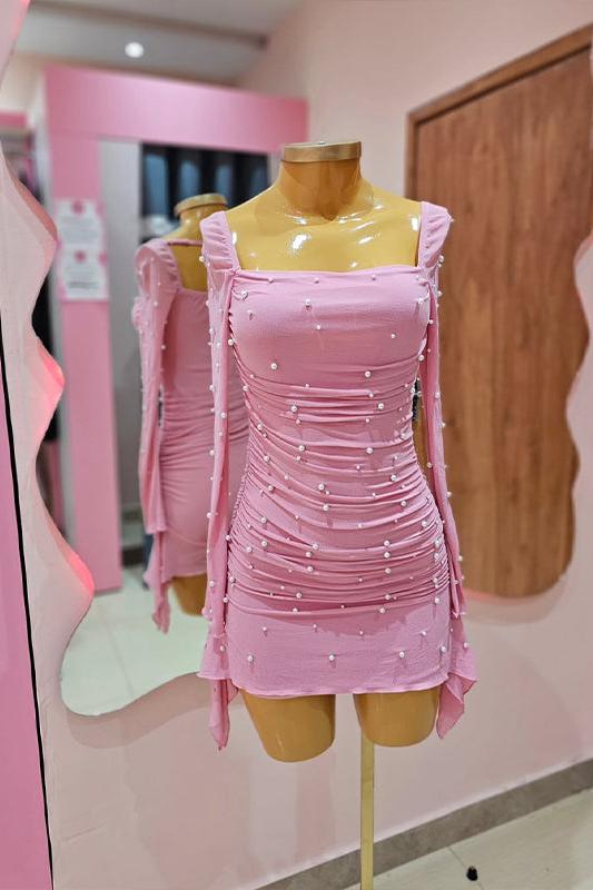 Sheath Tulle Pleated Tight Homecoming Dress with Pearls
