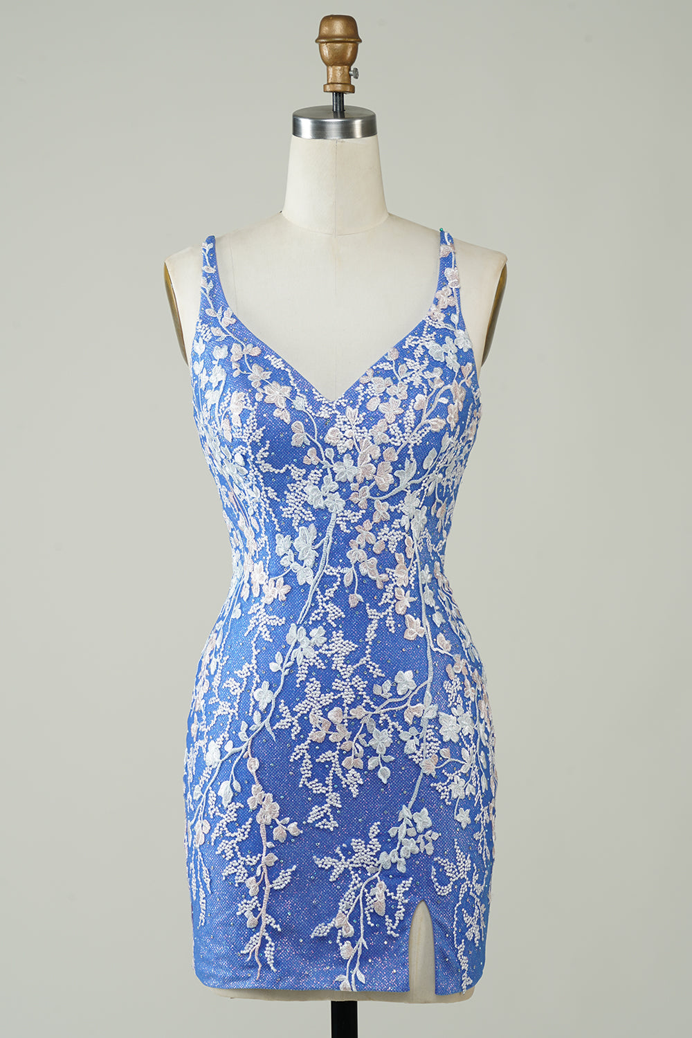 Sheath V Neck Blue Homecoming Dress Short Prom Dress with Appliques Criss Cross Back