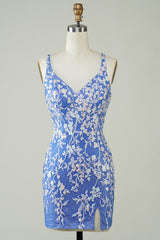 Sheath V Neck Blue Homecoming Dress Short Prom Dress with Appliques Criss Cross Back