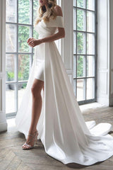 Sheath/Column Off-the-shoulder Short Sleeves Elegant Wedding Dress with Ruffle