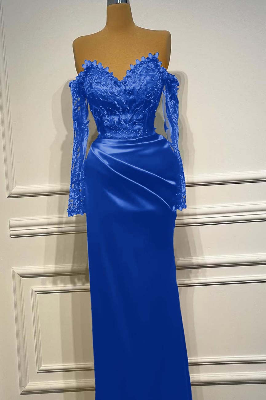 Sheath/Column Prom Dress Long Sleeve Off the Shoulder Beaded Formal Dress