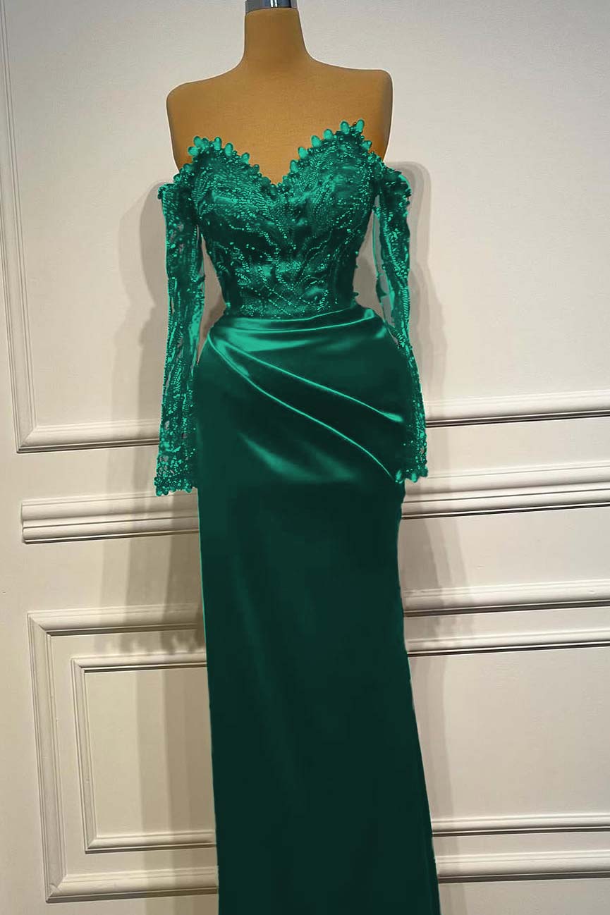 Sheath/Column Prom Dress Long Sleeve Off the Shoulder Beaded Formal Dress