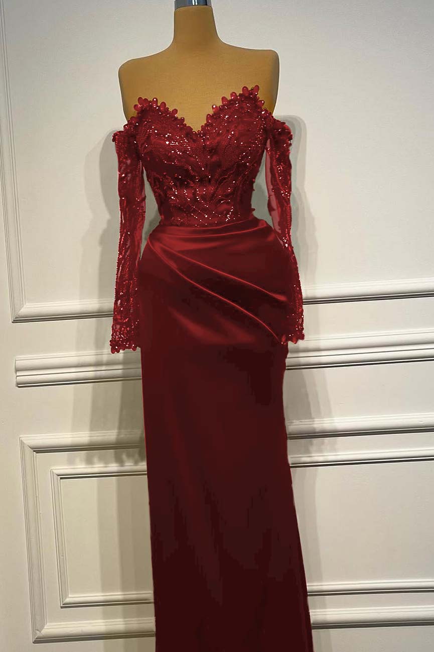 Sheath/Column Prom Dress Long Sleeve Off the Shoulder Beaded Formal Dress