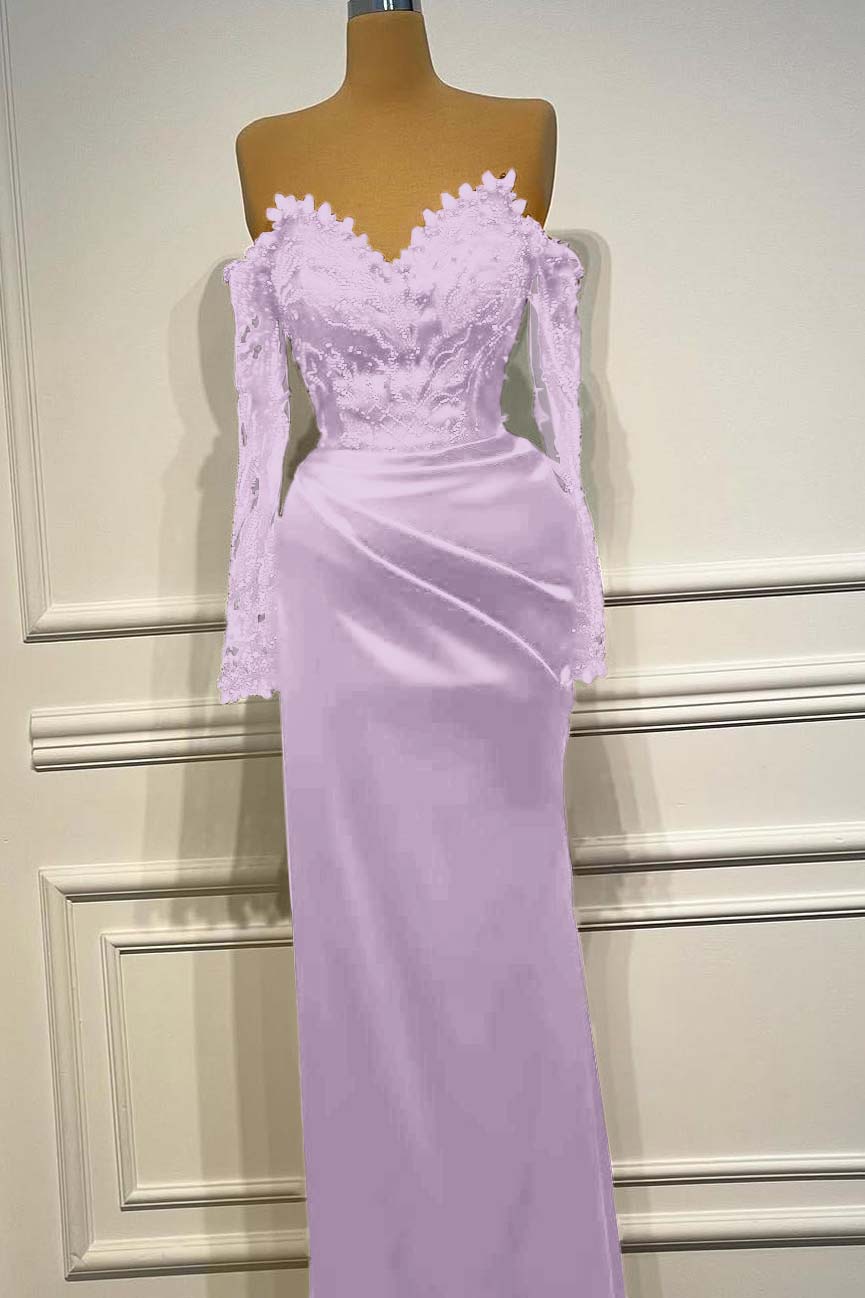 Sheath/Column Prom Dress Long Sleeve Off the Shoulder Beaded Formal Dress