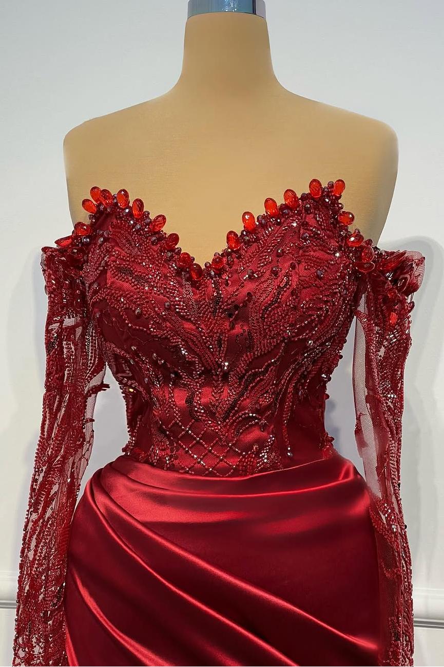 Sheath/Column Prom Dress Long Sleeve Off the Shoulder Beaded Formal Dress