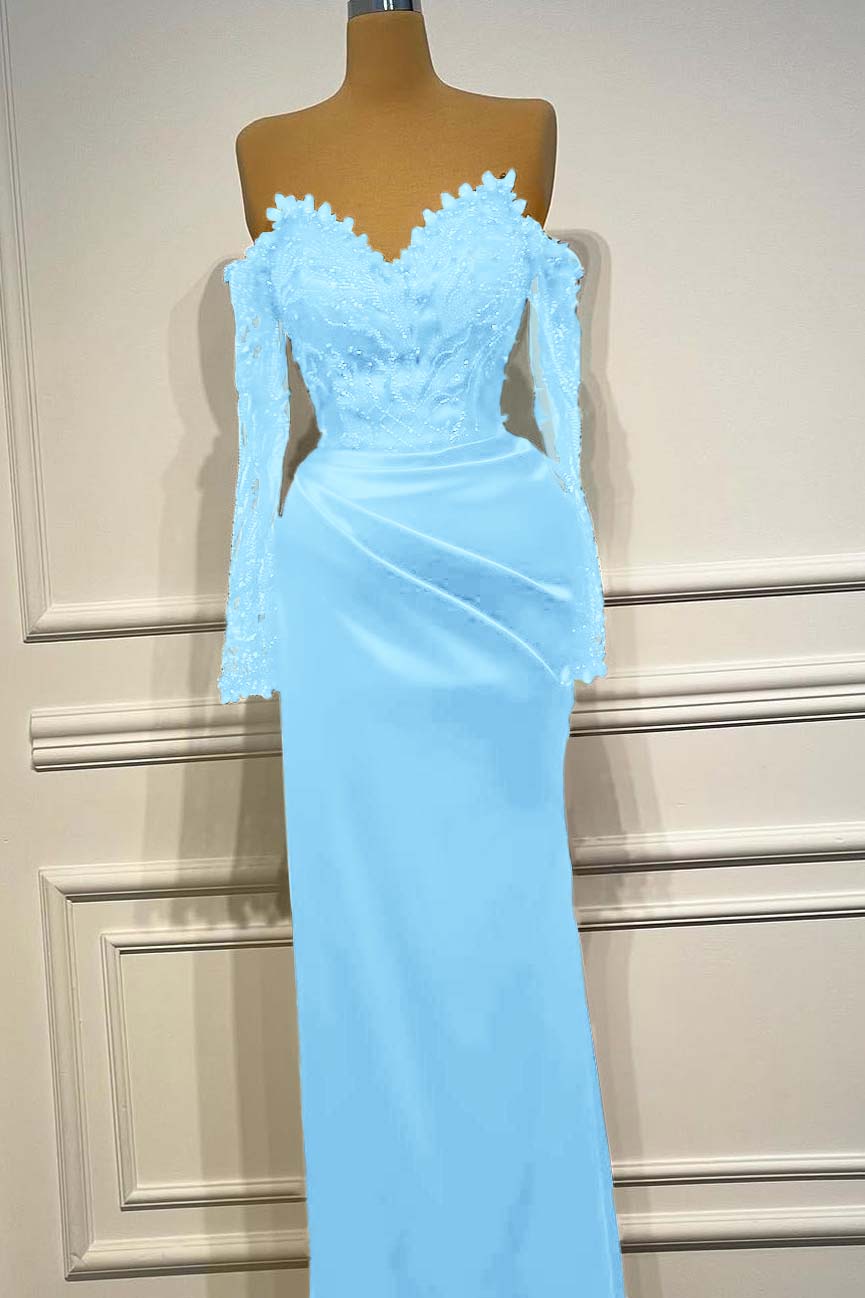 Sheath/Column Prom Dress Long Sleeve Off the Shoulder Beaded Formal Dress