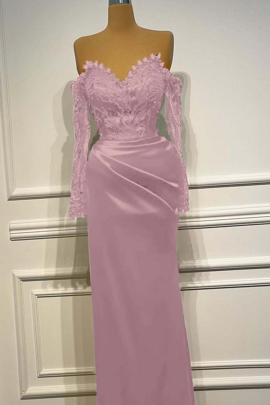 Sheath/Column Prom Dress Long Sleeve Off the Shoulder Beaded Formal Dress
