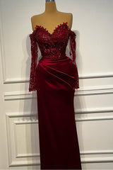 Sheath/Column Prom Dress Long Sleeve Off the Shoulder Beaded Formal Dress