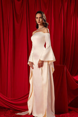 Sheath/Column Prom Dress Long Sleeve Off the Shoulder Satin Formal Dress