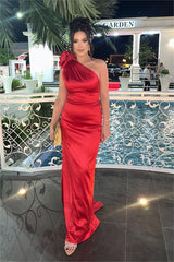 Sheath/Column Prom Dress Sleeveless One Shoulder Satin Formal Dress