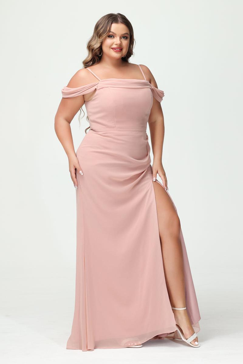 Sheath/Column Spaghetti Straps Off-the-Shoulder Chiffon Split Side Plus Size Bridesmaid Dresses