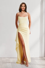 Sheath/Column Spaghetti Straps Pleated Ruffle Bridesmaid Dresses with Split Side