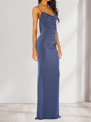 Sheath/Column Straps Cowl Neck Backless Floor-Length Long Bridesmaid Dresses with Lace