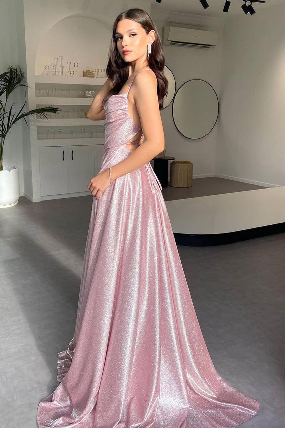 Shimmering Silver Cowl Neck A-Line Prom Dress With Spaghetti Straps And High Leg Slit Formal Evening Gown