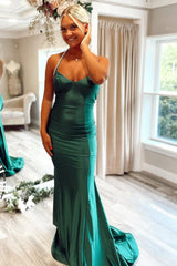 Shiny Emerald Green Satin Mermaid Gown With Halter And Open Back Prom Dress Formal Evening Gown