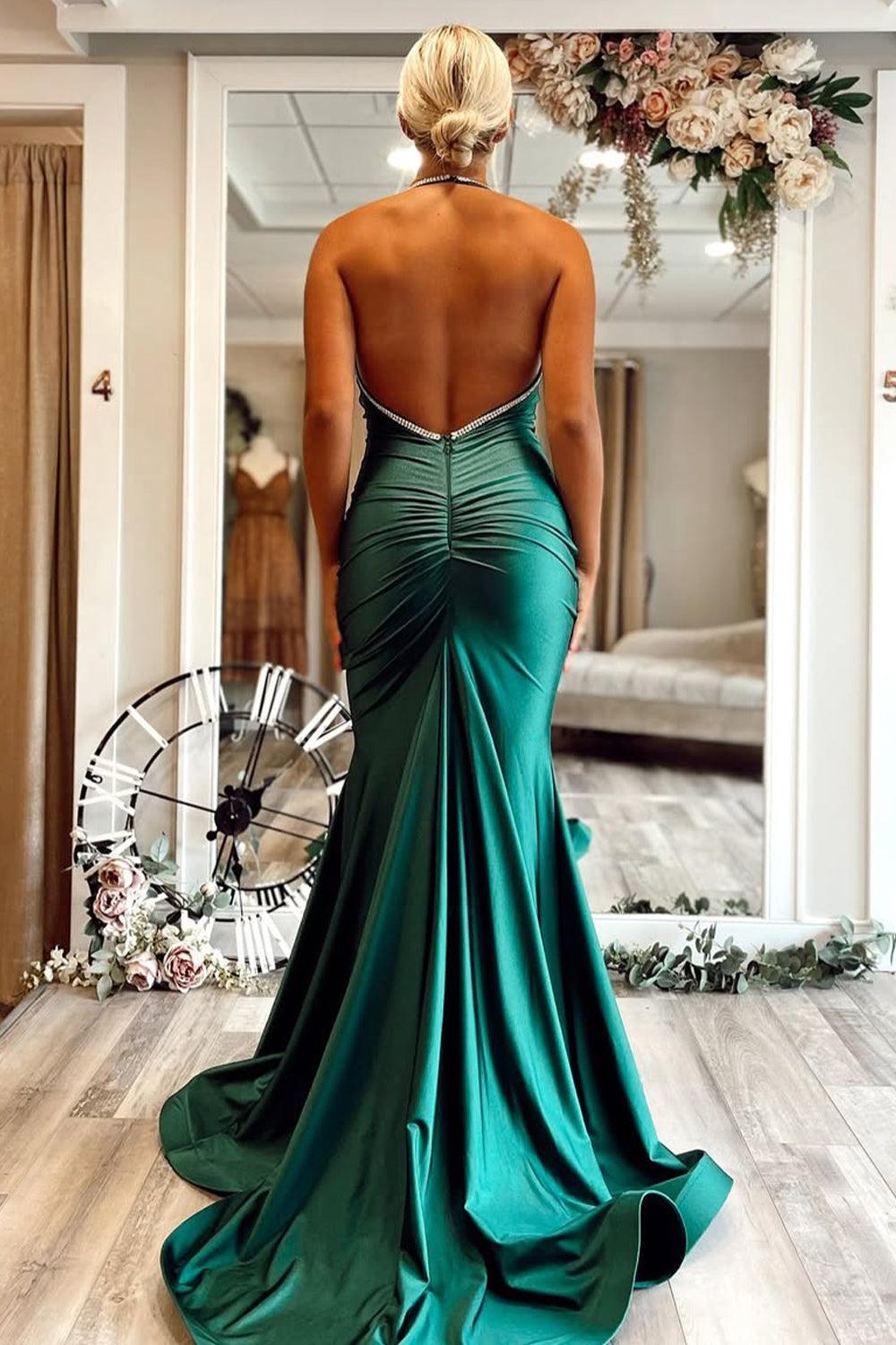 Shiny Emerald Green Satin Mermaid Gown With Halter And Open Back Prom Dress Formal Evening Gown