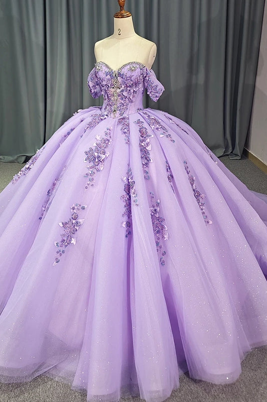 Quinceanera Dress Party Gown Purple Lace Appliques Beaded Off The Shoulder For 16 Year Ball Gown Dress