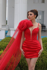 Short Column V Neck Sleeveless Satin Red Prom Dress Formal Dress