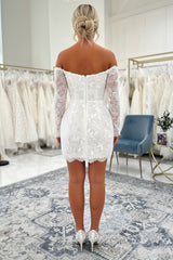 Short Off Shoulder Lace Wedding Dress with Sheer Long Sleeves