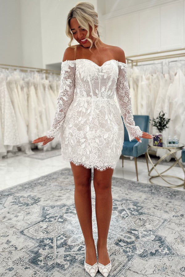 Short Off Shoulder Lace Wedding Dress with Sheer Long Sleeves