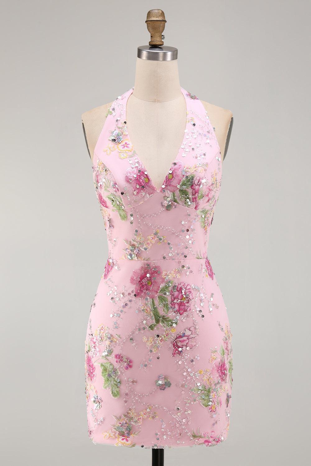 Short Sparkly Pink Halter Beaded Floral Tight Backless Homecoming Dress
