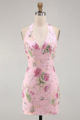 Short Sparkly Pink Halter Beaded Floral Tight Backless Homecoming Dress