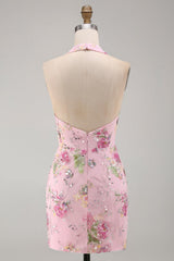 Short Sparkly Pink Halter Beaded Floral Tight Backless Homecoming Dress