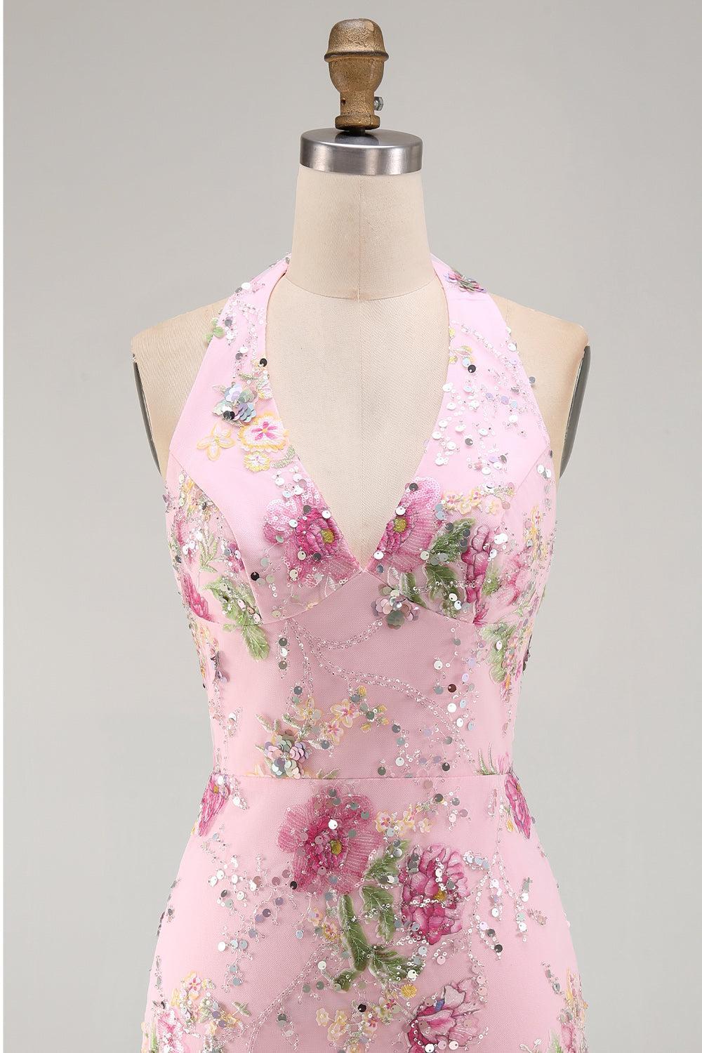 Short Sparkly Pink Halter Beaded Floral Tight Backless Homecoming Dress